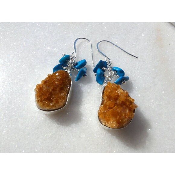 Bright Orange Citrine - Blue Arizona Turquoise Sterling Silver Earrings - Picture 5 of 9